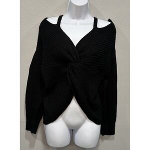 Fashion Nova Knit Sweater Women's Size Large Black Front Crossed Long Sleeves